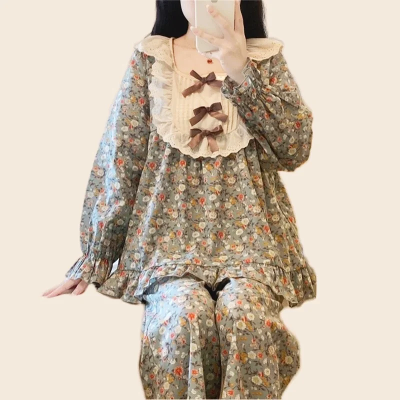 

Sweet Pajamas Set Fashion Flower Full Sleeve Long Pants Sexy Soft Cotton Lace Bow Princess Pyjama Homewear Cozy Sleepwear