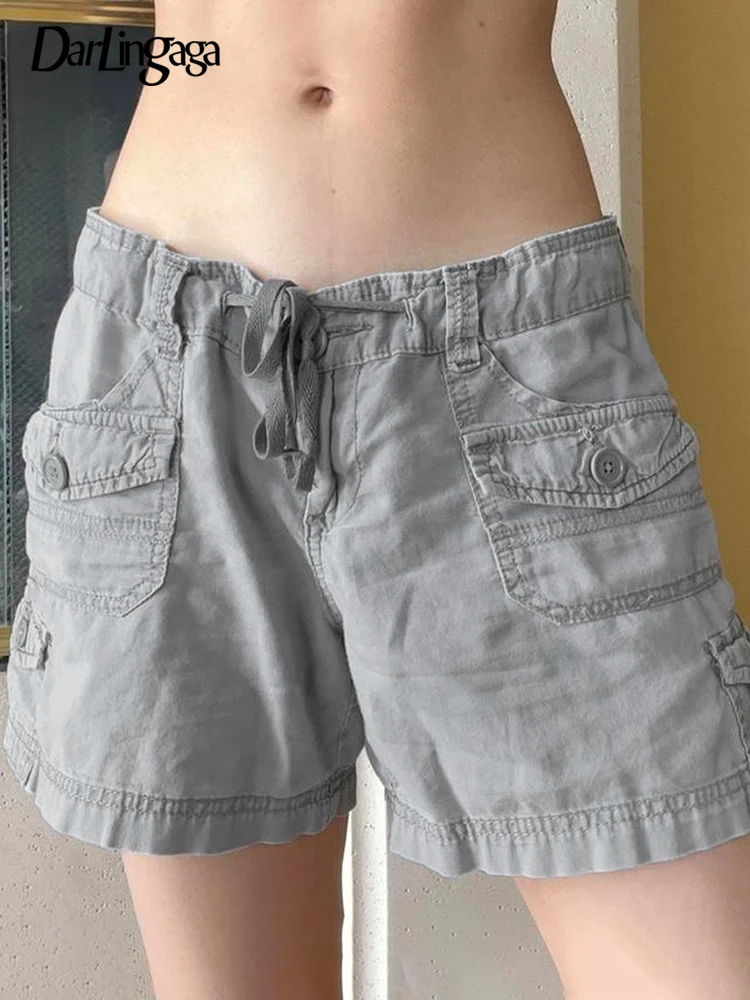 

Шорты-карго Darlingaga женские с заниженной талией, уличная одежда, повседневные серые однотонные летние шорты со шнуровкой, поясом и карманами, ...
