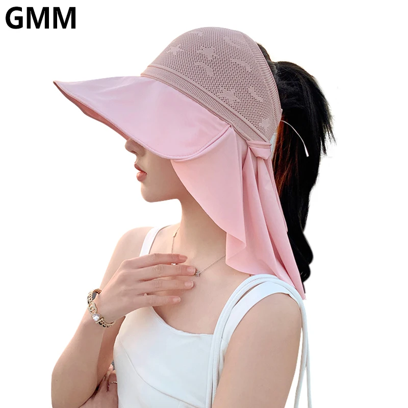 

Summer Wide Brim Ponytail Hat Women Bow Sun Hats with Neck Flap Anti-UV Foldable Beach Outdoor Cycling Sunscreen Cap Bucket Hat