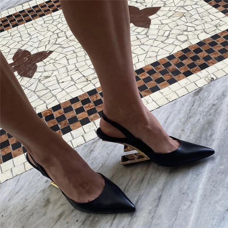 Black Women Pumps Pointed Toe High Heels Letter Strange Heel Slingback Dress Shoes 2023 New Gladiator Sandals Female Wedges