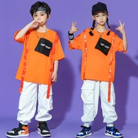 kid kpop hip hop clothing strap orange oversized t shirt streetwear cargo jogger pants for girl boy jazz dance costume clothes
