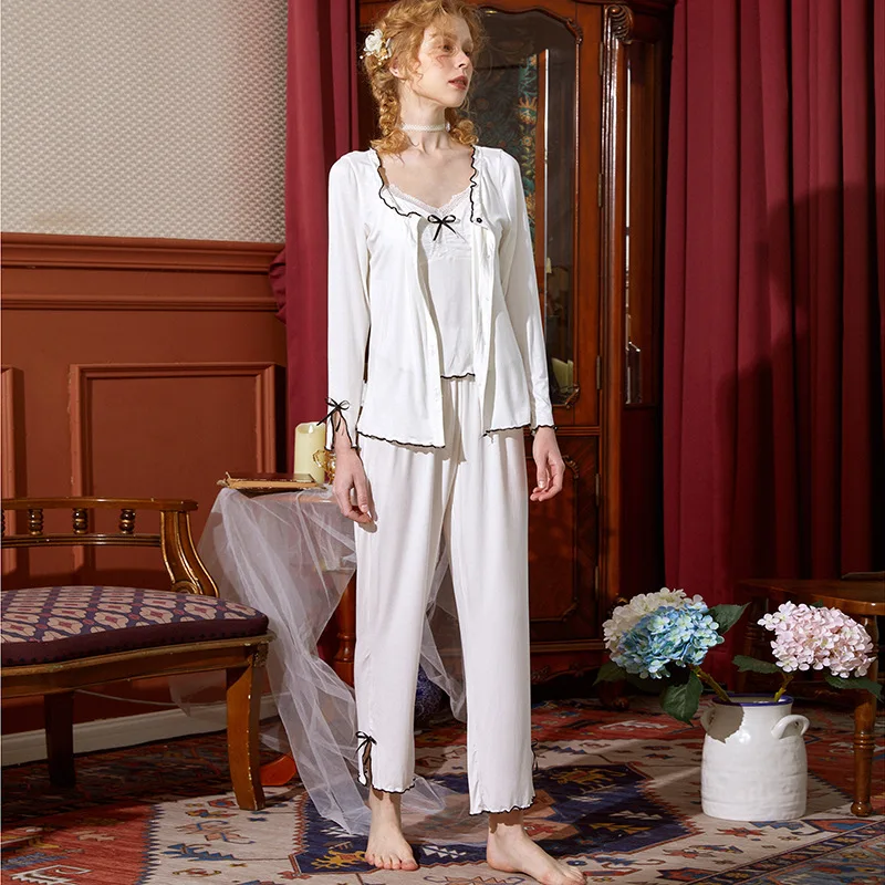 Women's Black Sexy Sling Cardigan with Chest Pad Modal Pajama Sets Three Piece Sleepwear Pajamas