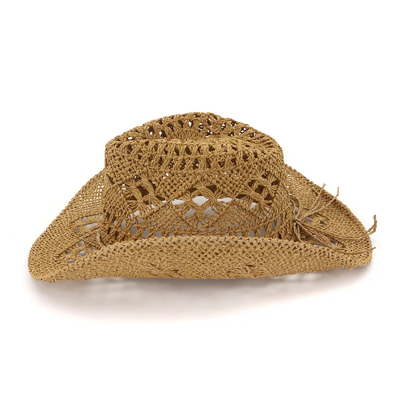 

Fashion Hollowed Handmade Cowboy Straw Hat Women Men Summer Outdoor Travel Beach Hats Unisex Solid Western Sunshade Cap