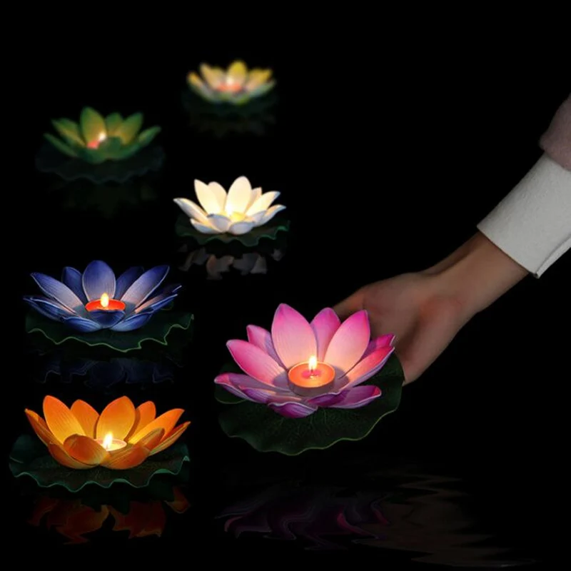 10pcs Multicolor Silk Lotus Lantern Light  Floating Candles  Pool Decorations Wishing  Birthday Wedding Party Decoration