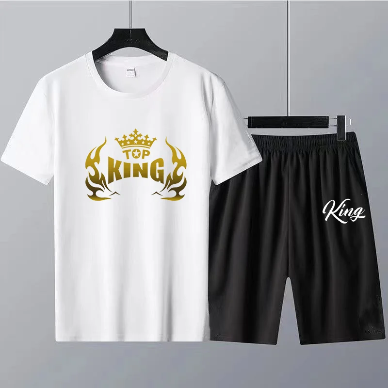 

Комплект из футболки и шорт King мужской, хлопковый роскошный Повседневный костюм с надписью и графическим принтом, брендовая спортивная одежда, летняя модная уличная одежда