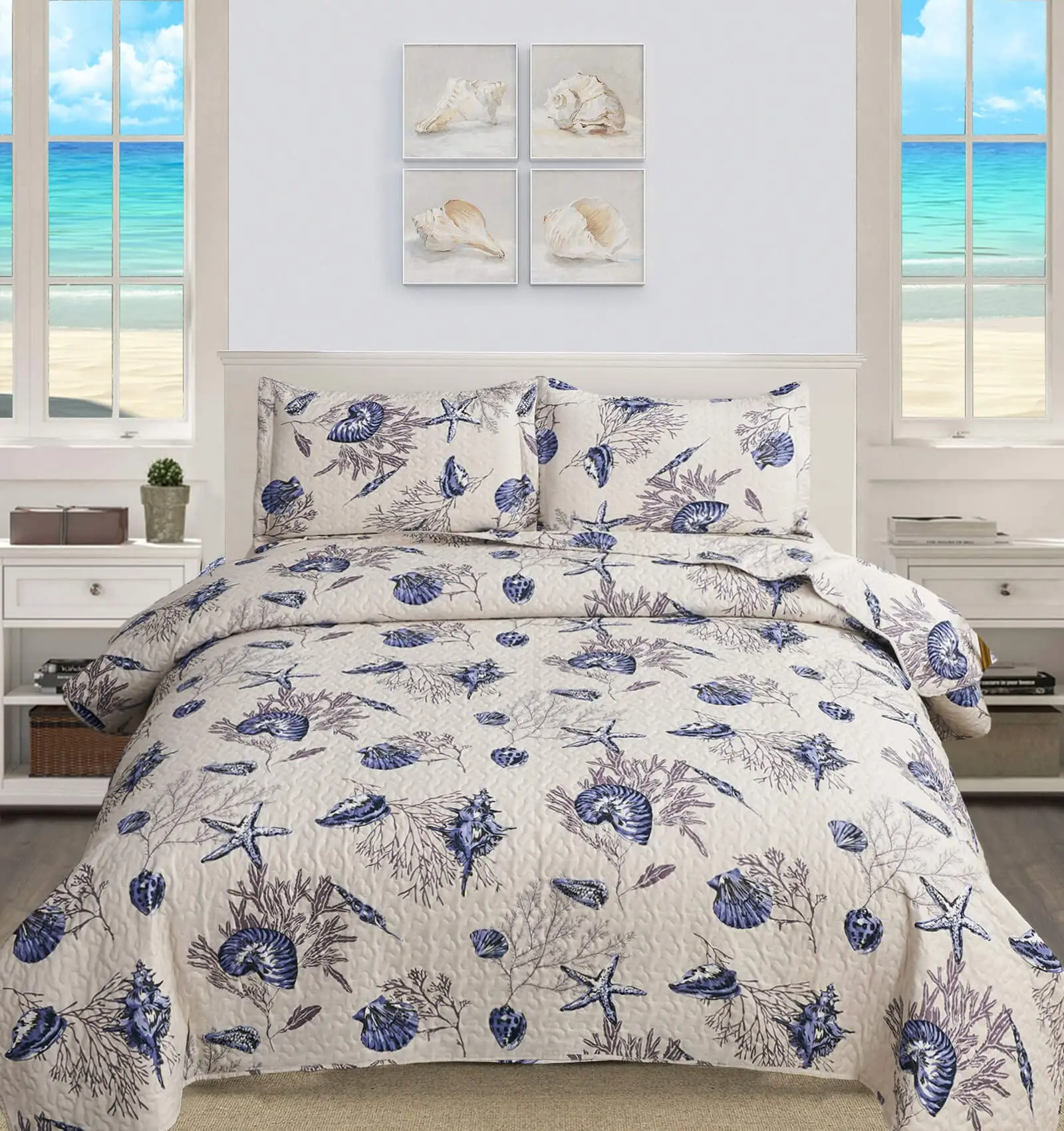 

Ocean Quilts Set King Size Beach Bedspread Lightweight Coastal Bedding Reversible Bedding Cover Nautical Coverlet Set