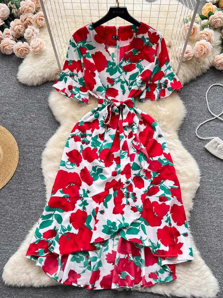 

Summer Women Floral Printed Irregular Dress Vintage V-Neck Flare Short Sleeve High Waist Ruffle Hem Knee-Length Vestidos New
