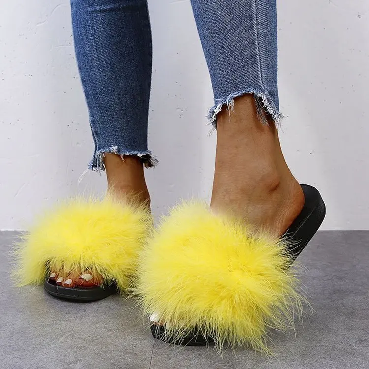 

2022 Fur Flip Flops Women Sweet Platform Wedges warm sole Ostrich Feathers Slippers Summer Platform Thongs Beach Slippers