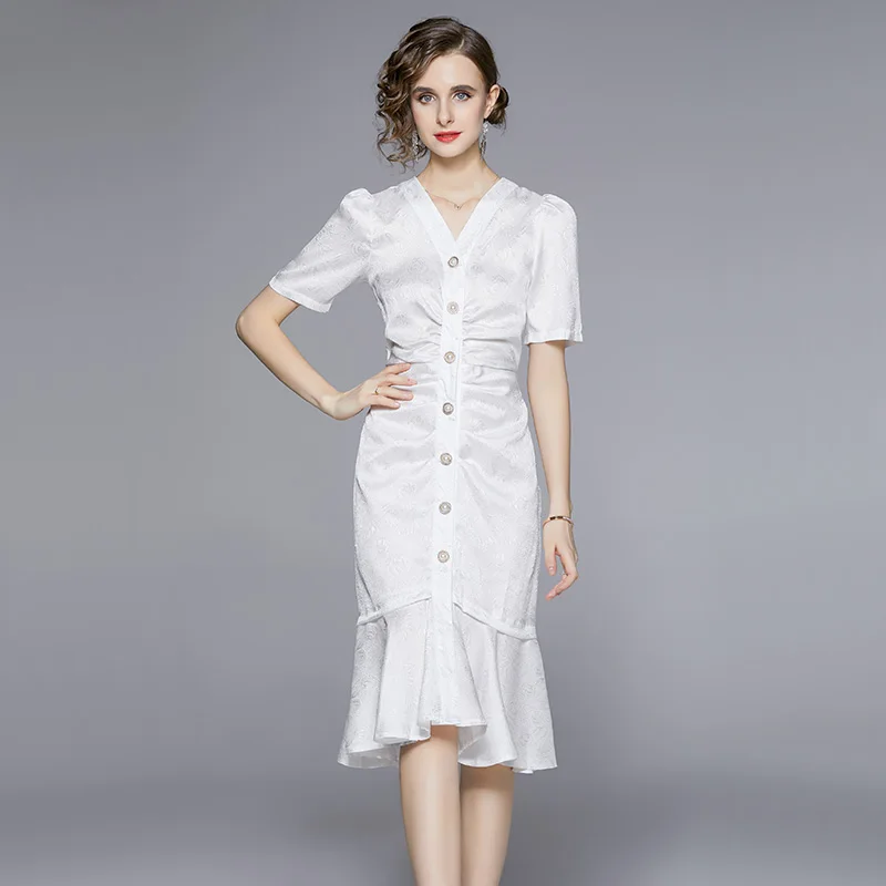

2022 Women's Summer New High-end Temperament French V-neck Short Sleeve Wrinkled Waist Rose Jacquard Medium Long Fishtail Dress
