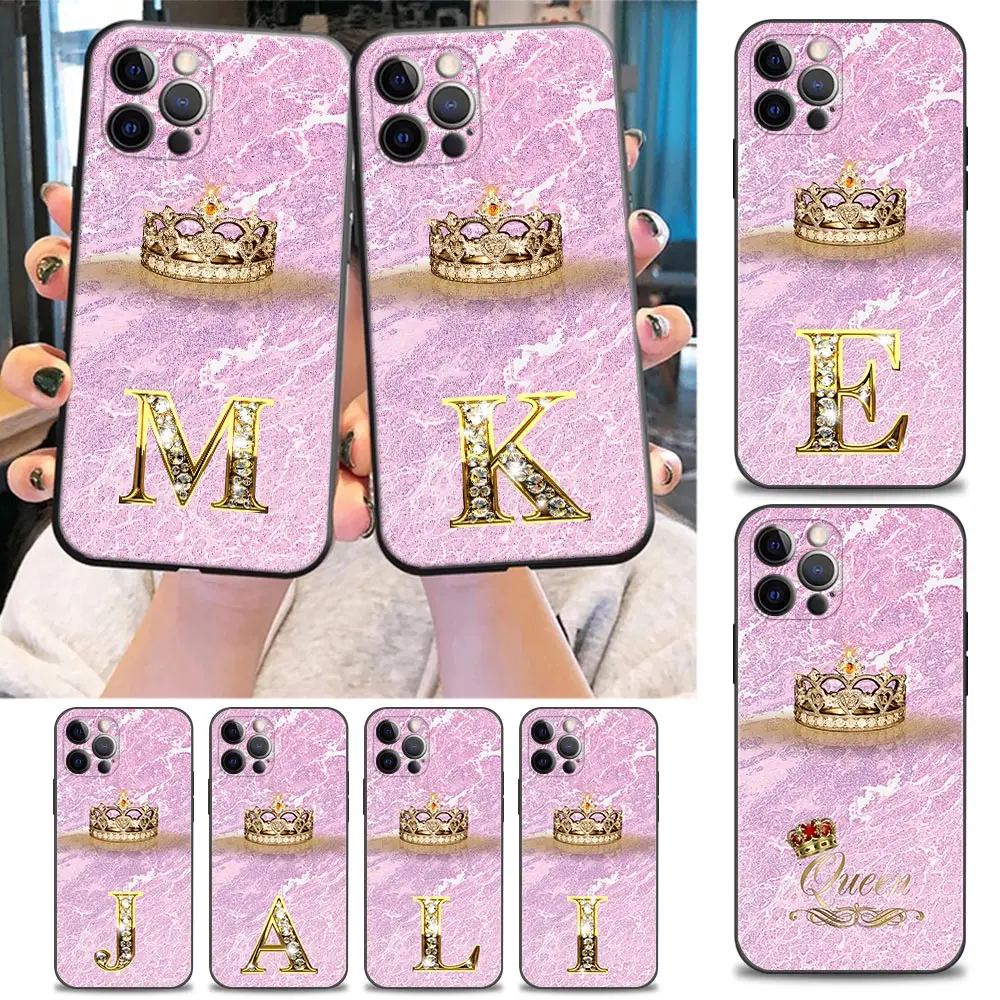 

Initial Letter M K E Fundas Phone Case For iPhone 11 12 13 14 Pro Max Mini XR Xs SE2 6 7 8 Plus Cases Silicone Cover Crown Queen