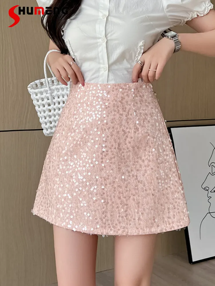 

Elegant Full Sequins A- Line Short Skirt Ladies 2023 Summer New Korean Style High Waist Anti-Exposure Pink Mini Skirts for Women