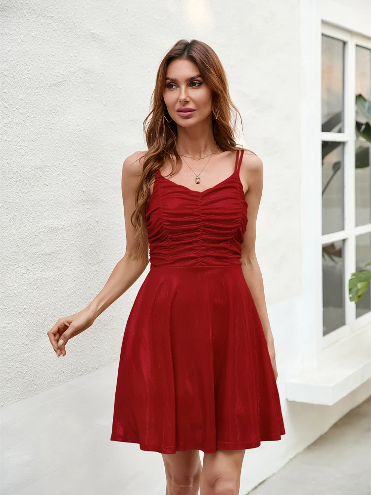 

Женское Короткое платье на бретелях, однотонное привлекательное праздничное платье-трапеция с V-образным вырезом, лето