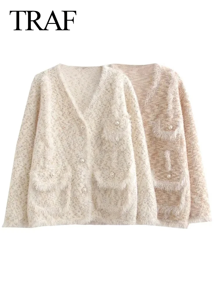 

Женский однобортный Кардиган с бахромой, длинным рукавом и V-образным вырезом