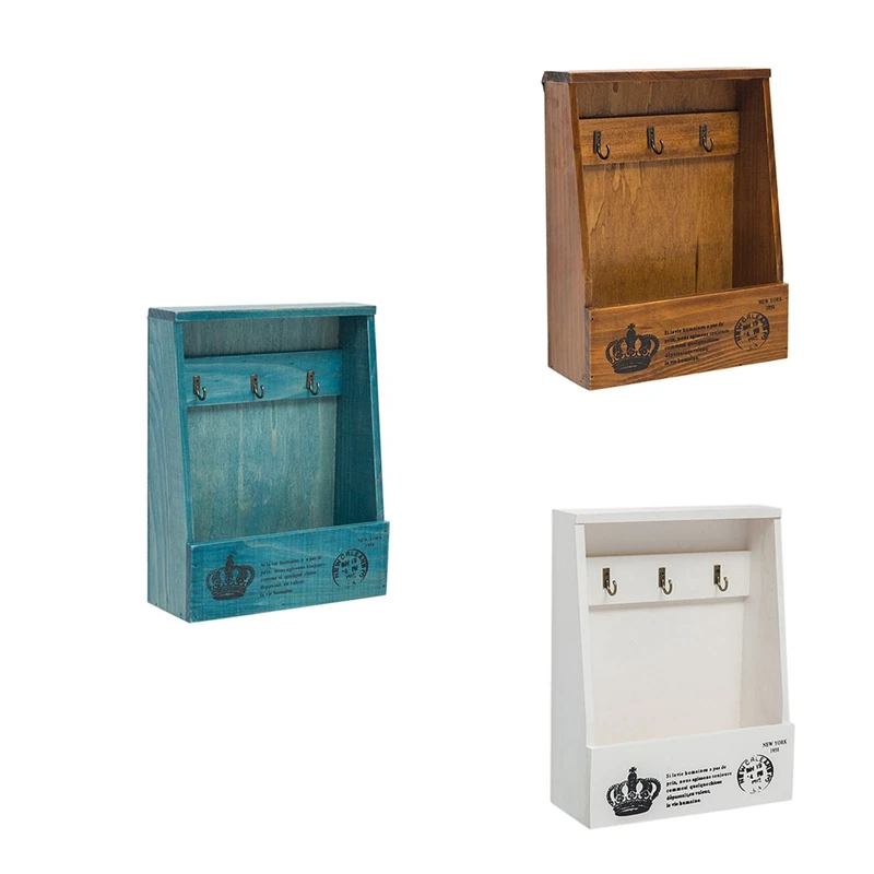 

Wooden Retro Style Key Hook Wall-Mounted Storage Box Key Mail Holder For Entryway/ Living Room/ Hallway-Combination