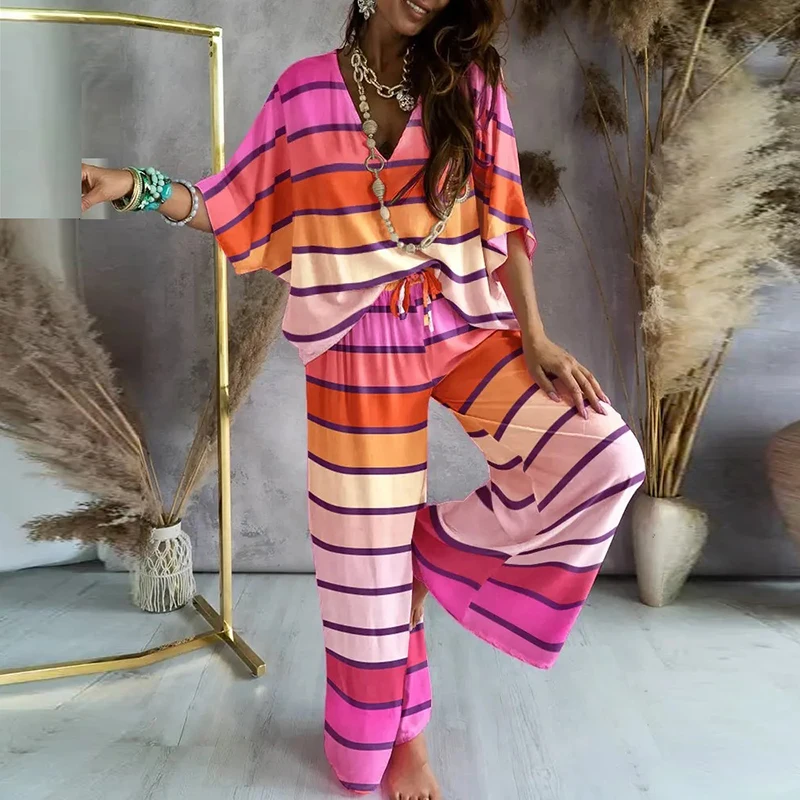 Женский элегантный костюм из пуловера с V-образным вырезом и брюк широкими