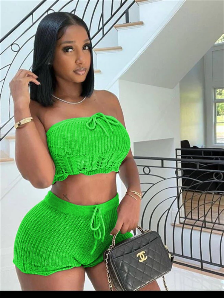 Habbris Summer Sexy Solid Knits Crop Top And Shorts Sets Club Outfits For Women 2023 Black Backless Staples  2 Two Piece Sets