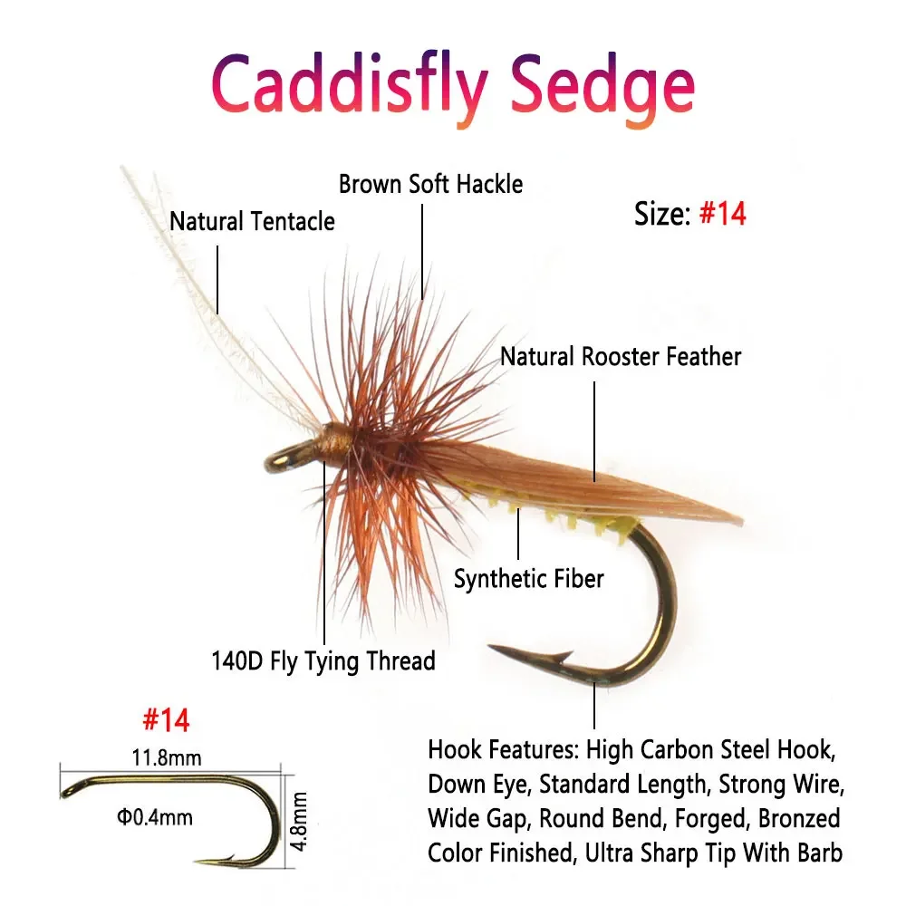 Bimoo Caddisfly Sedge Мушки для ловли форели 6 шт.