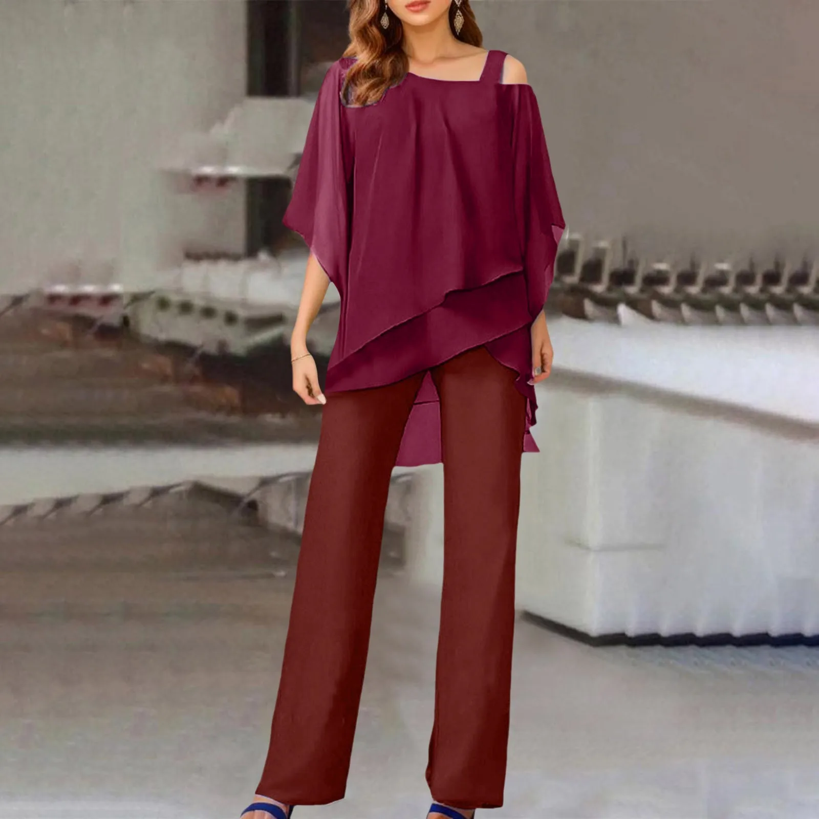 

Women Solid Color Pantsuit Batwing Sleeve Strapless Top Loose Wide Leg Straight Trouser Suit Outdoor Sports Outfit Two Piece Set