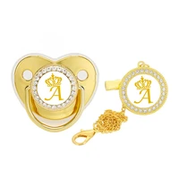 name initial letters luxury gold crown baby pacifier with clip silicone dummy nipple bling pacifier baby shower gift
