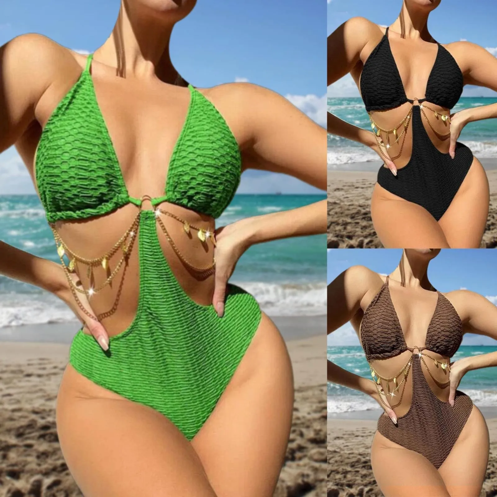 

Купальник-бикини Летний однотонный с высокой талией и подвесками