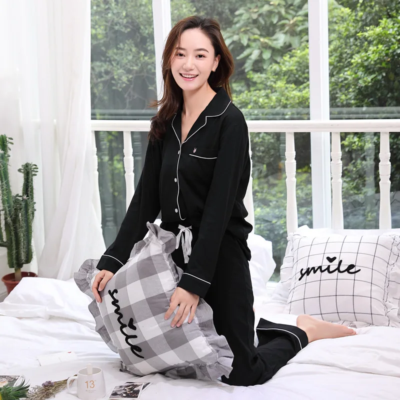 Women's Pajamas Knitted Cotton Pajamas Set Long Sleeve Women Sleepwear Set Dropshipping