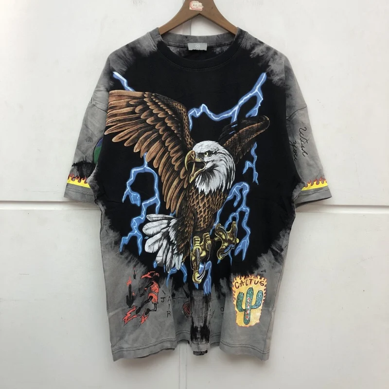 

2022 SS Wash Make Old Jackboys Tops Tee Tie Dye Travis Scott Cactus Jack T Shirt Men Women Top Quality Lightning Eagle T-shirt