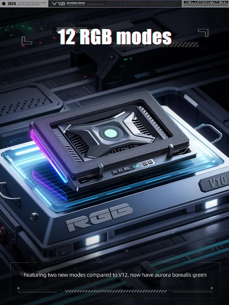 Фото Подставка-кулер для ноутбука V10 RGB с мощным внешним турбо-вентилятором диаметром 4,72 дюйма, быстро охлаждает ПК 13–17,3 дюйма, 4-портовый USB C&A №2