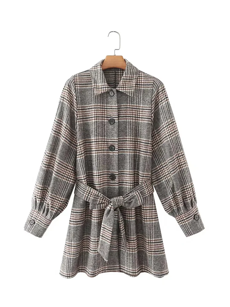 

ZAA Autumn 2022 New Ladies Fashion Retro Casual Lapel Plaid Belt Chic Elegant Pocket Decoration Lantern Sleeve Quality Coat