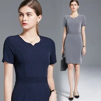 korean style summer office stripe grey elegant v neck short sleeve dresses business formal french dress slim pencil dress