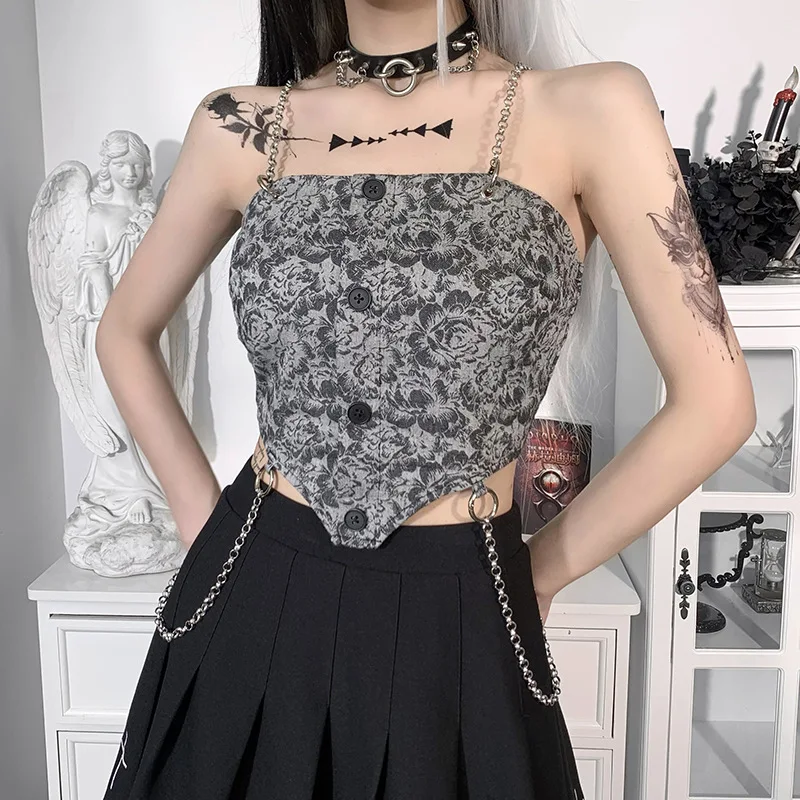 

Punk Sexy Grey Cropped Top Goth Metal Chain Backless Women Camisole Streetwear Grunge Floral Graphic Tops Techwear