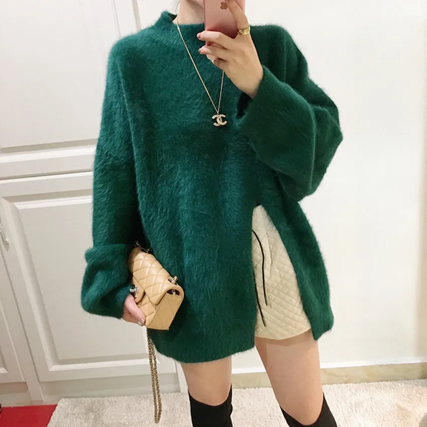 

Модные женские мягкие мохеровые свободные пуловеры, осенне-зимние длинные вязаные свитера с воротником-стойкой из норки и кашемира с разрезом, джемпер