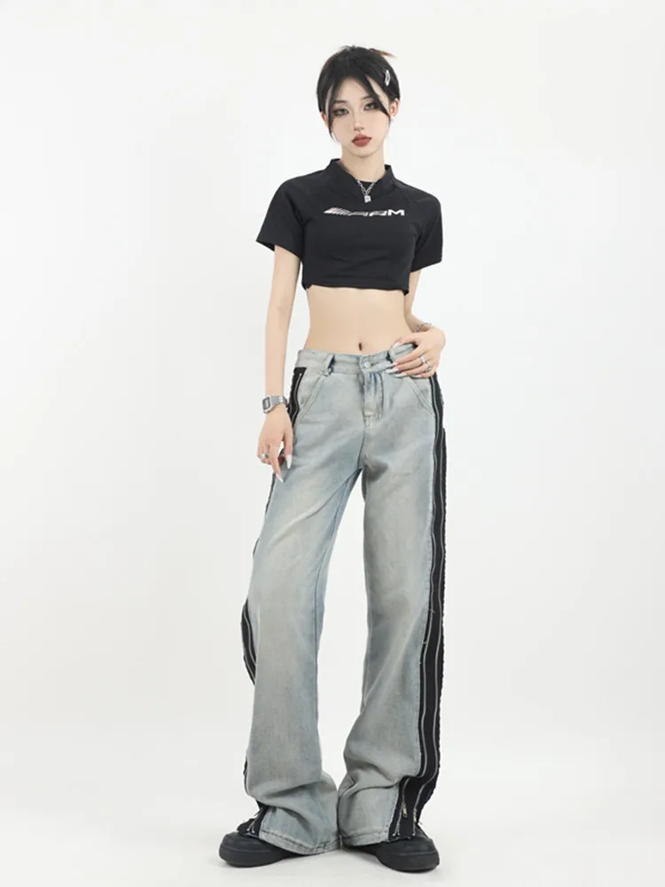 BULOCHOVA American Street Retro Design Zipper Loose Straight Jeans For Women High Waist Girlfriend Cowboy Wide Leg Pants 2023