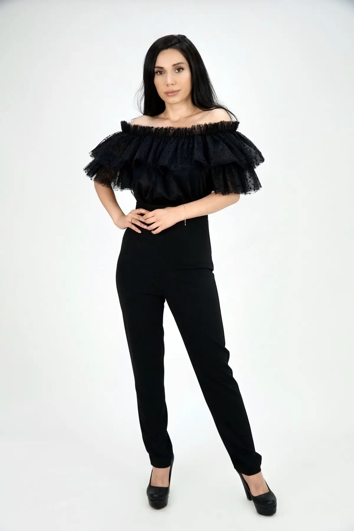 

Women's Overalls Black Madonna Collar Polka Dot Tulle Jumpsuit Hot Casual Fashion Sleeveless Baggy Trousers Overalls