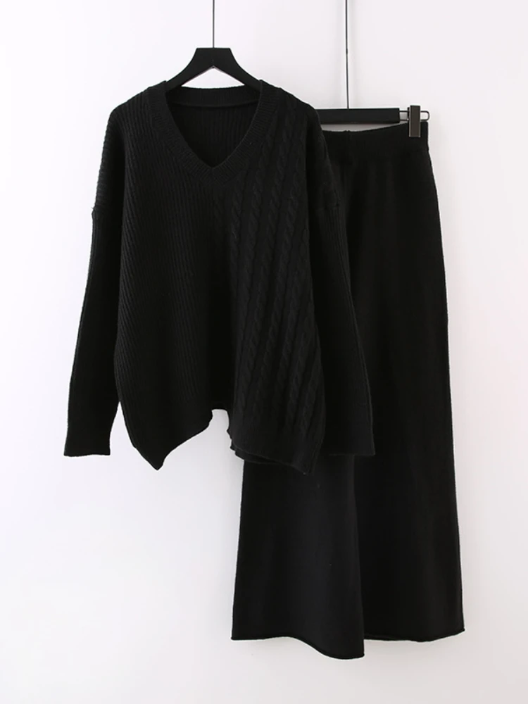 

Женский комплект из двух предметов, повседневный зимний свитер с V-образным вырезом и длинным рукавом, длинные широкие брюки с высокой талией, мешковатые трикотажные пуш-корейские штаны