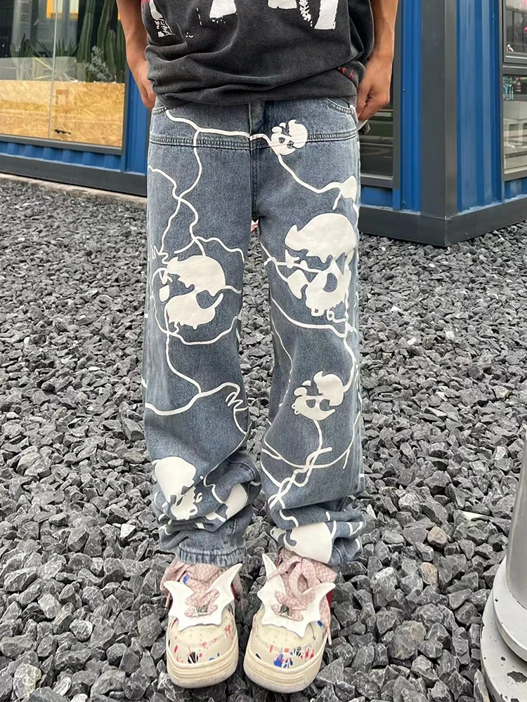 Black Loose Wide Leg Wash Print Jeans Lightning Print Personality Versatile Hiphop Casual High Street Straight Mop Menswear