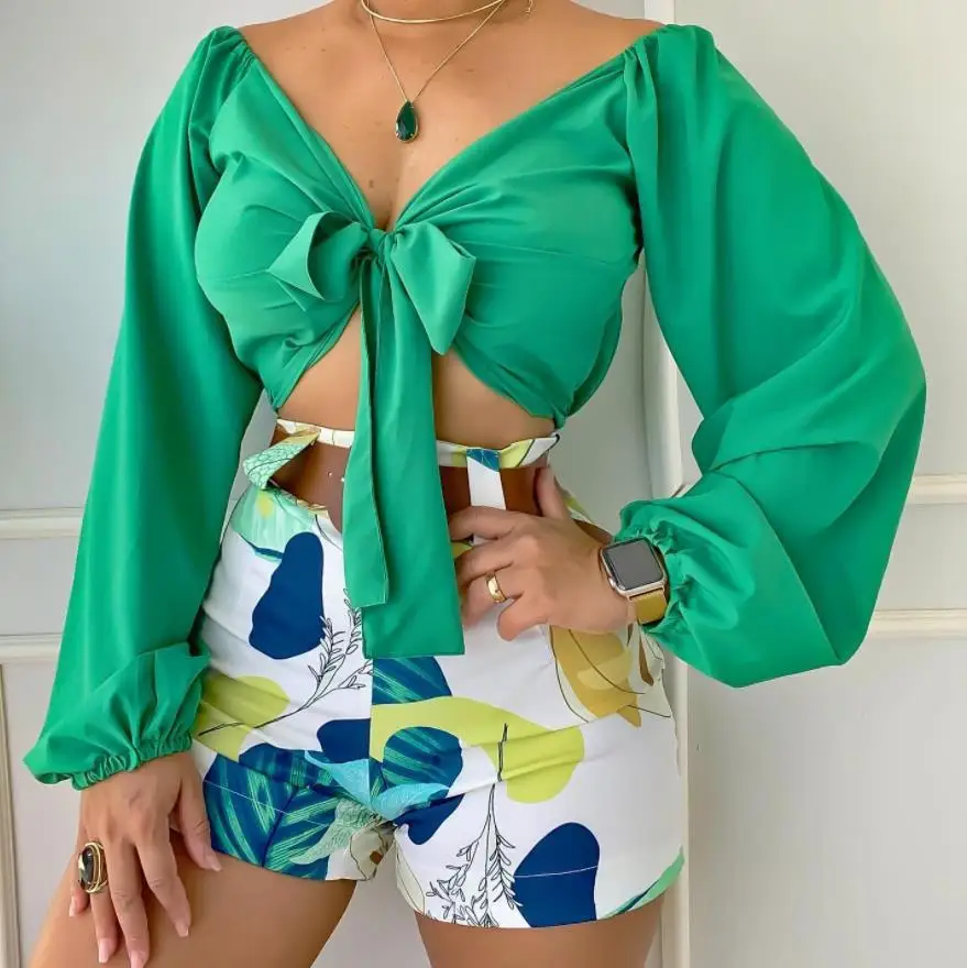 

Women Casual Deep V Neck Solid Long Sleeves Tops and Sashes Print Short Two Piece Sets 2022 Summer Sexy Sets