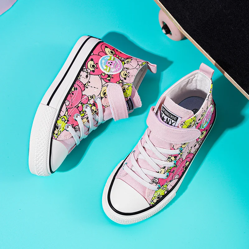 2022 Spring Fashion Red Cartoon Print Canvas Shoes for Girls High top Kids Sneakers Skateboard Flat Children Shoes basket fille