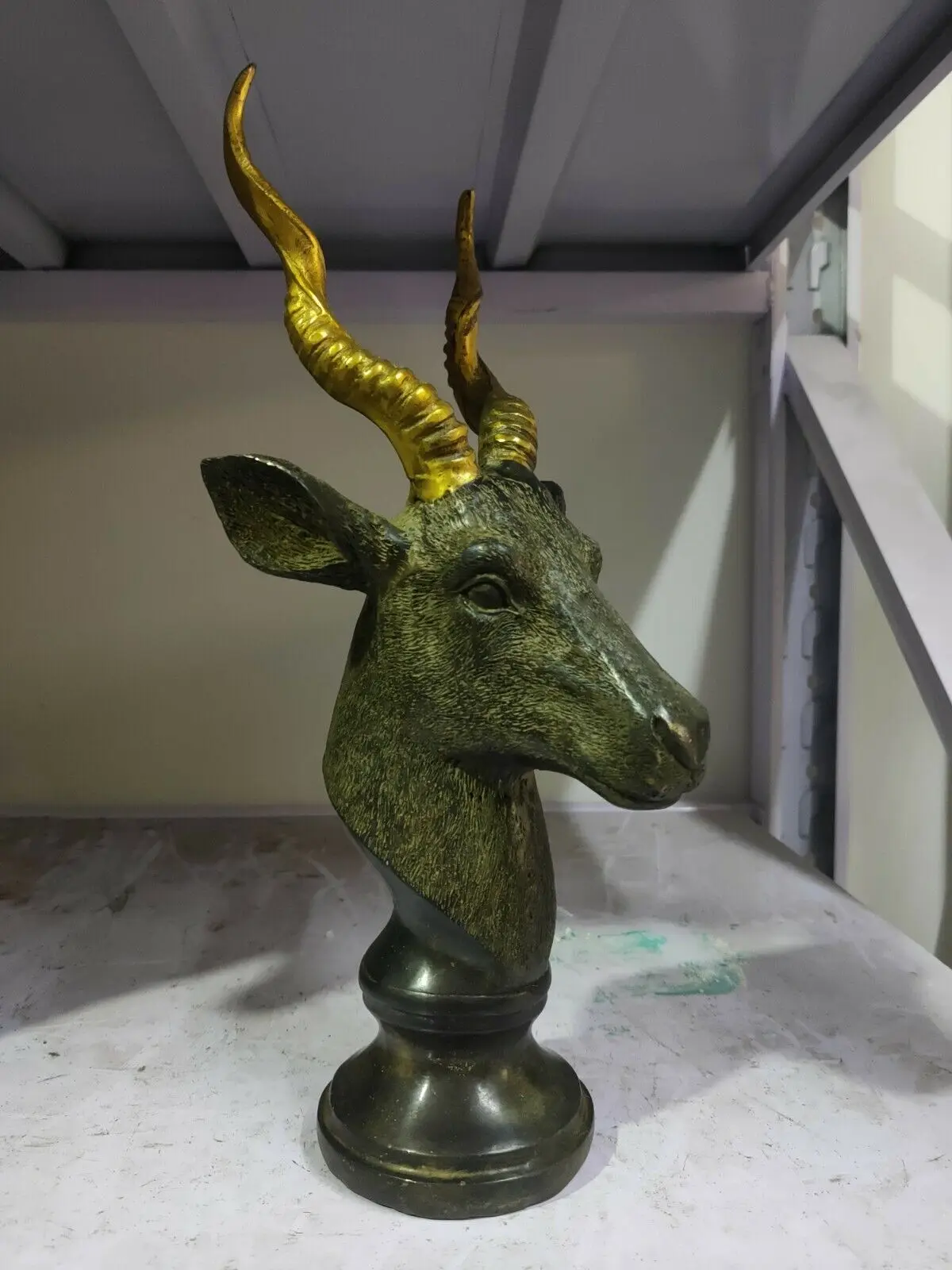 

33cm Rare Antique patina Bronze Statue Carved Lucky sheep antelope Goat Head