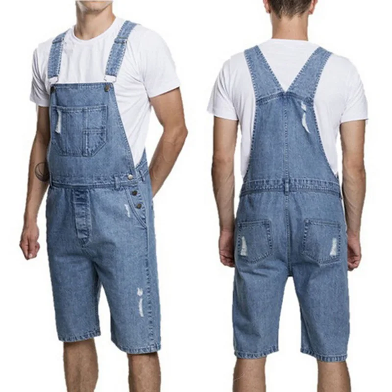 

Ripped Black Jeans Jumpsuit Shorts Summer Men Vintage Distressed Denim Bib Overalls Male Casual Sleeveless Suspender Short Pants