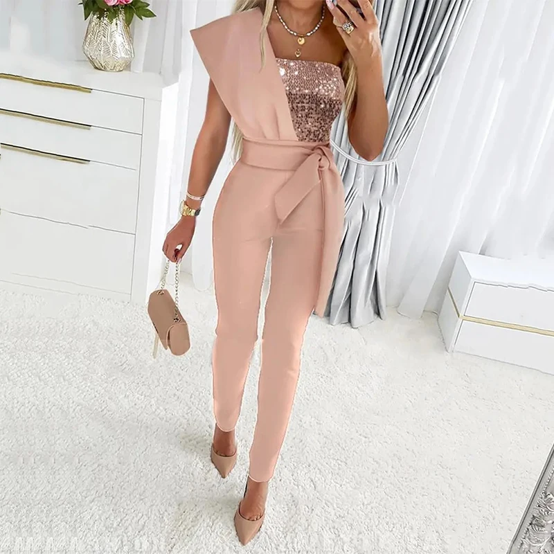 

2023 Summer Women Fashion Sleeveless Slim Romper Elegant Glitter Sequin Bustier Jumpsuits Sexy Straps Backless Shiny Jumpsuits