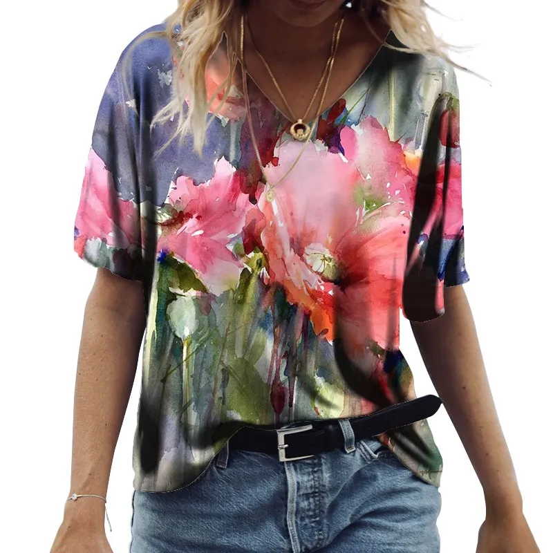

T-shirt 2022 printed short sleeve new loose blouse elegant antique office fashion new V-neck Half Sleeve Tee