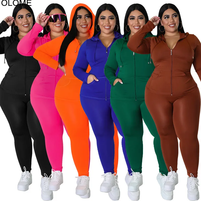 

Autumn Women Sport Two Pieces Set Long-sleeves Hooded Casual Coat Solid Skinny Pants Big Size 5XL Club Party Outfits