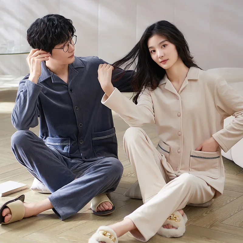 Couple Island Velvet Pajamas Autumn/Winter Men Lapel Simple Fashionable High End Casual Outer Wear Sweet Women's Homewear Suit