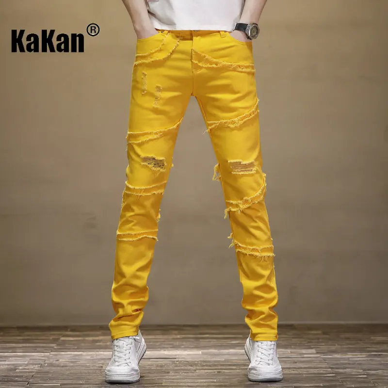 Kakan - New Patchwork Distressed Fluorescent Yellow Jeans for Men, Casual Slim Fitting Trend Small Leg Long Jeans K19-9330