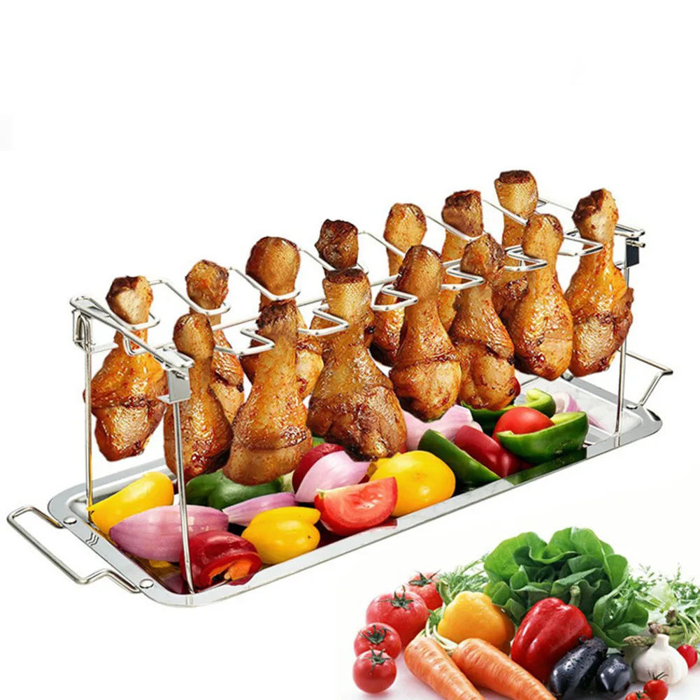 

Chicken Leg and Wing Grill 14 Slots Stainless Steel Metal Roaster Stand with Drip Pan Tools for BBQ Picnic Barbecue Holder Rack