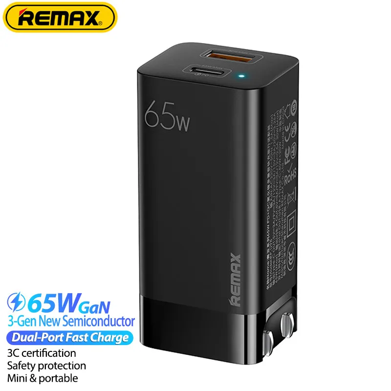 

Remax 65W Gan PD3.0+QC3.0 Multi-compatible Fast Charger For iPhone/Samsung/Huawei/Mac/Tablets/Laptops 1A1C Output