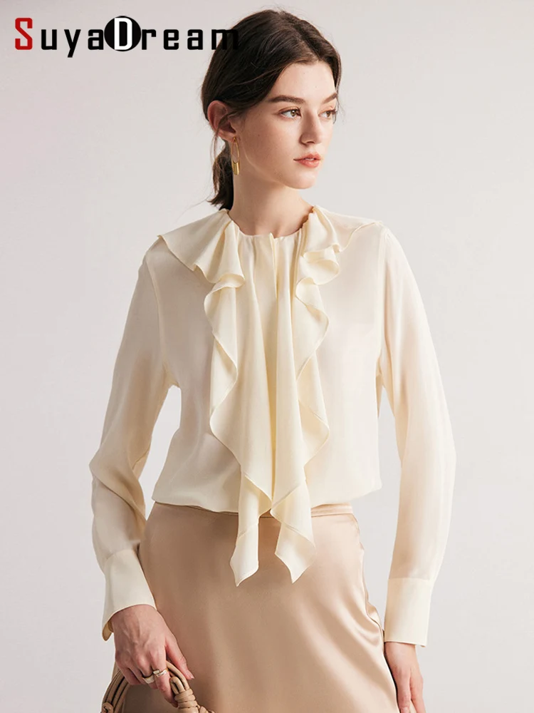 SuyaDream Women Silk Blouses 100%Mulberry Silk Ruffles Collar Chic Shirts 2023 Spring Autumn Office Lady Top Off White
