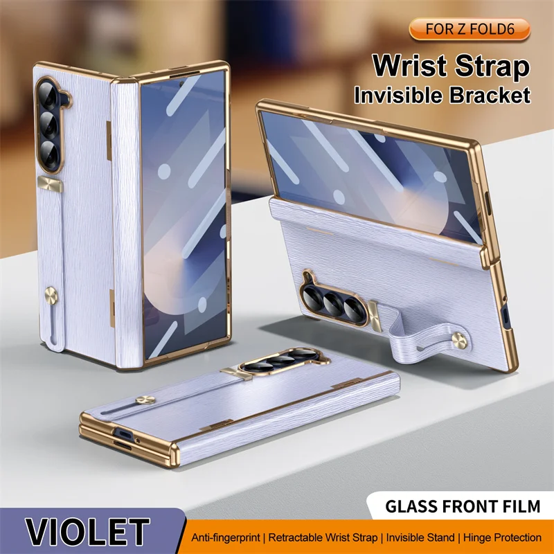 Фото Кожаный чехол для телефона Samsung Galaxy Z Fold 7, 6, 5, 4, 3, 3 Fold7, роскошная защита от шарниров, ремешок на запястье, подставка, чехол с Flim YYC005 №2