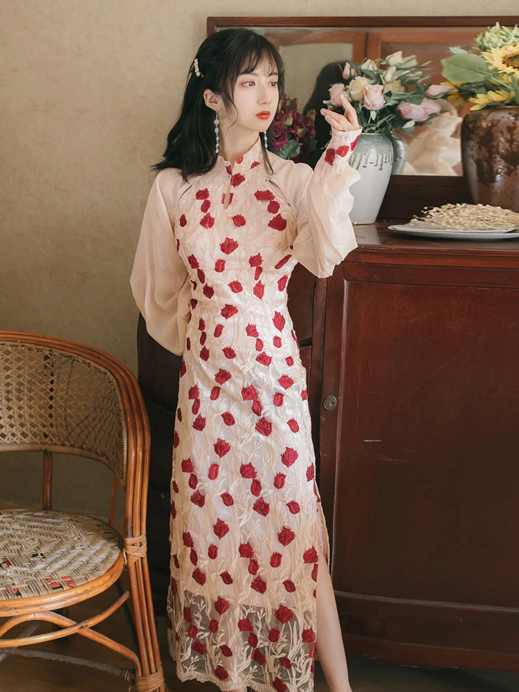 

Summer new women's dress Chinese style ancient palace gauze embroidered chiffon lantern sleeve cheongsam dress