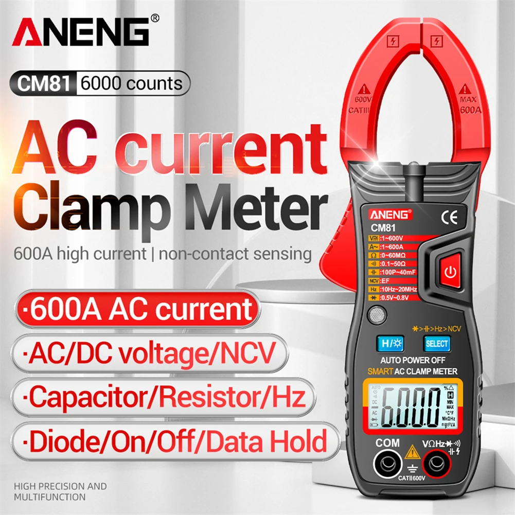 

ANENG 6000 Counts Digital Clamp Meter DC/AC Current Voltage Resistance Frequency Capacitance Tester Auto Range NCV Multimeter